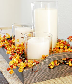 Rustic DIY Fall Tray Centerpiece with fall berries and candles