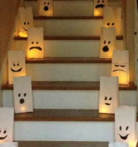 Ghost Paper Bag lanterns on staircase