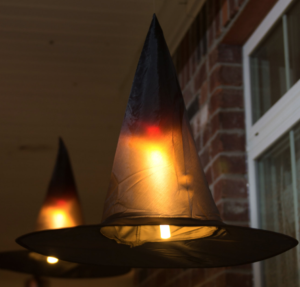 Floating Witch Hats on front porch