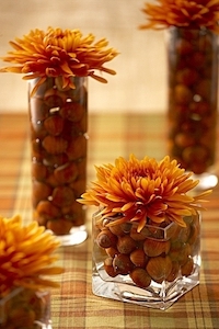 acorns & Mums in vases