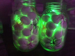 halloween jars spider glow mason spiders cotton balls stick jar decorations ball diy sticks dark plastic glowing dollar crafts spooky