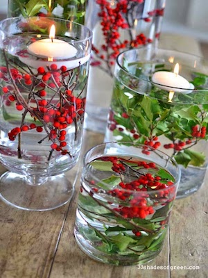 Easy Holly berry and floating candle DIY Christmas Centerpiece