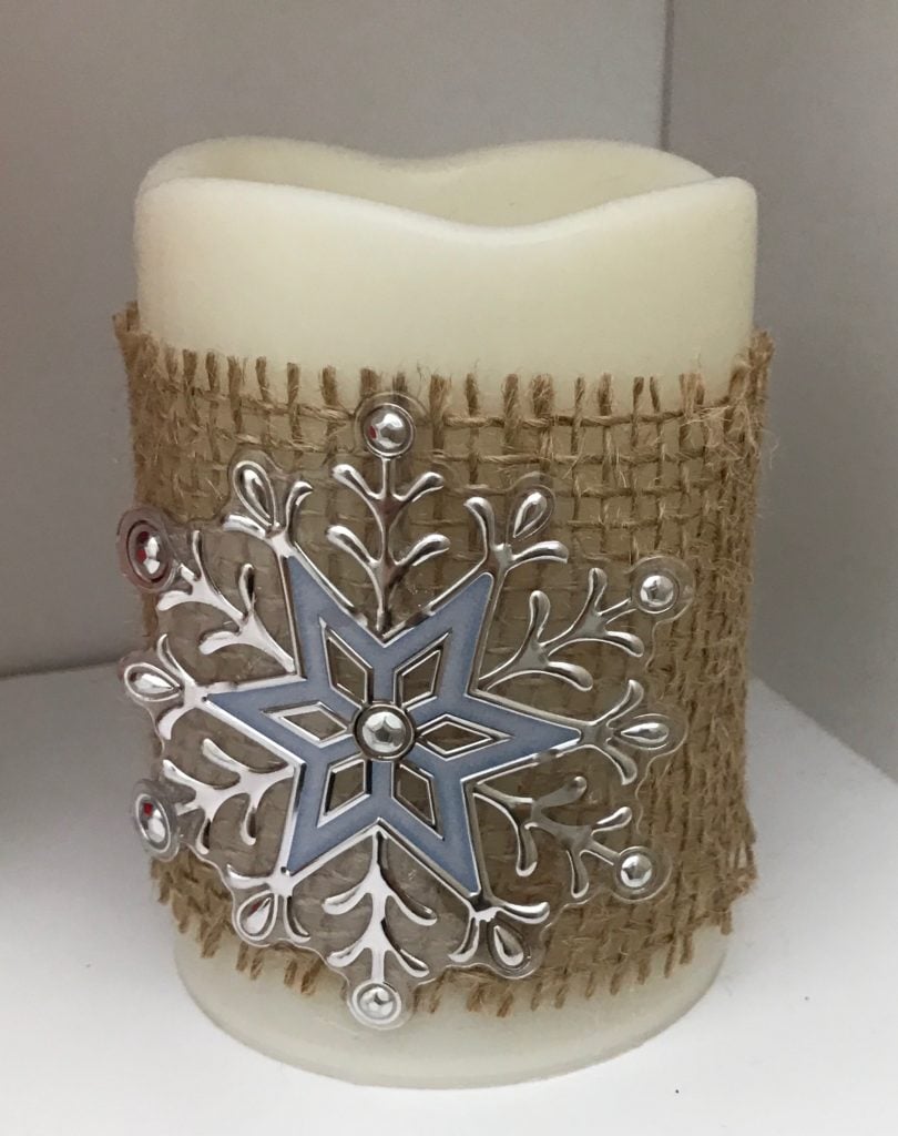 snowflake burlap candle