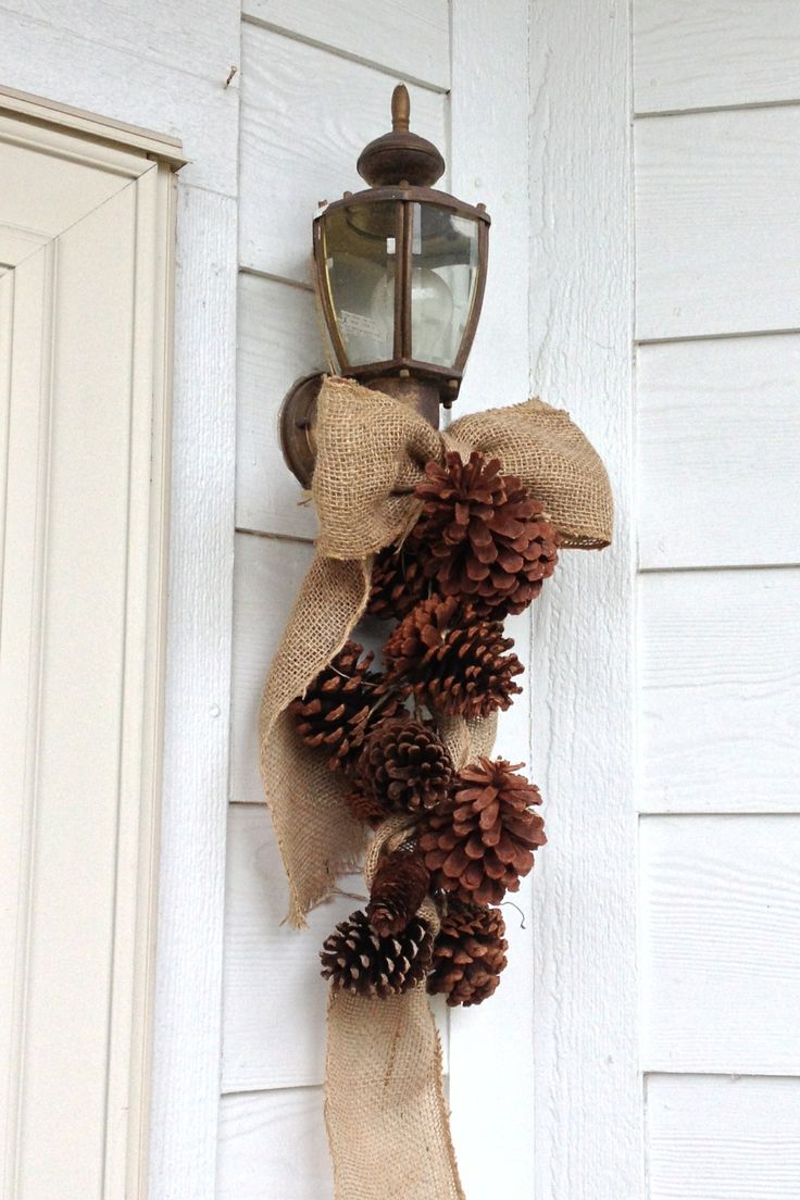 Burlap and Pinecone Hanging on a lamp DIY Christmas Decoration