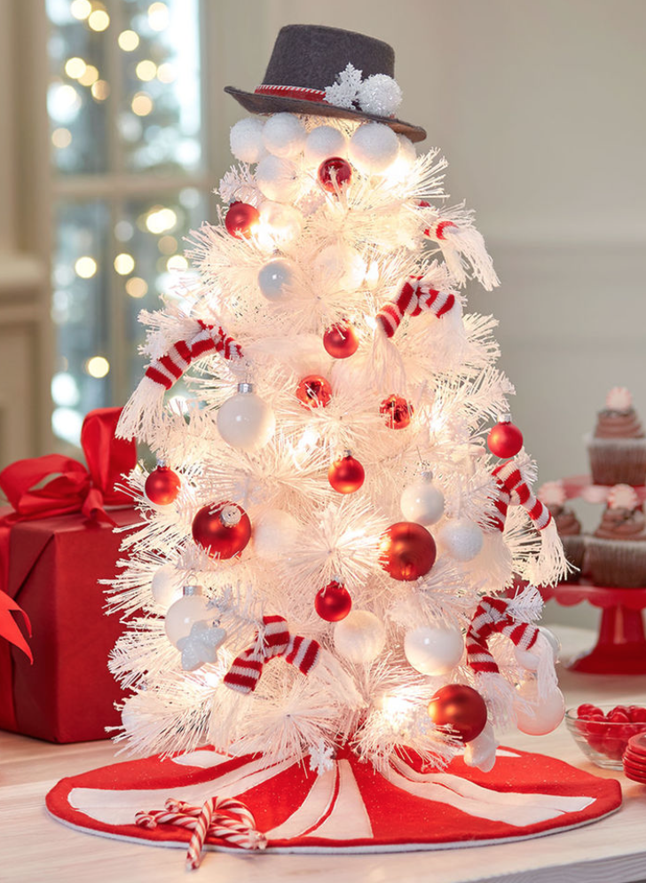 white mini christmas tree peppermint tree skirt small white and red round ornaments snowman hat tree topper - How To Decorate A White Tree For Christmas white mini christmas tree peppermint tree skirt small white and red round ornaments snowman hat tree topper - How To Decorate A White Tree For Christmas