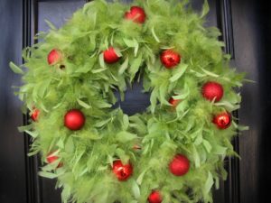 DIY Grinch Feather Boa Wreath with red ornaments 