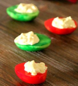 green and red Christmas Deviled Eggs