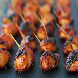 Best super bowl snacks, sweet and spicy bacon chicken bites.