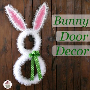 Easter door decor idea Wreath of fur yarn in the shape of a rabbit