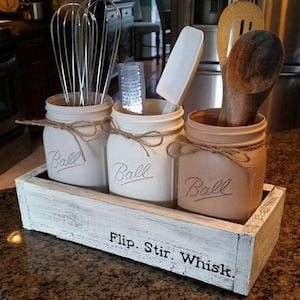 Kitchen cooking utensil mason jar holder rustic home decor idea