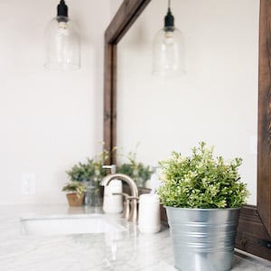 Framed Wood Bathroom Mirror with boxwood plant