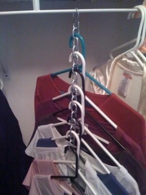 Stacking Shirts with S-Hooks Dollar Tree Organization Idea