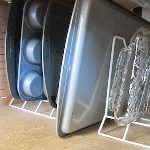 Cookie Sheets and Baking Pan kitchen organization idea using a wire rack