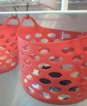 hanging plastic baskets from dollar tree over wire shelving