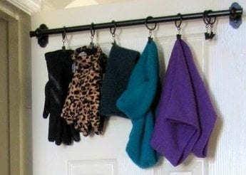 Winter Accessory closet organization using a towel bar and curtain clip rings