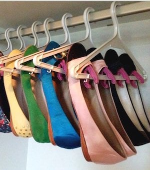 hanging Shoe organization idea using coat hangers and plastic clips