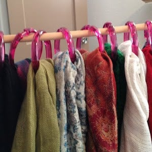 Hanging Scarf Organizer made from dowel and shower curtain rings