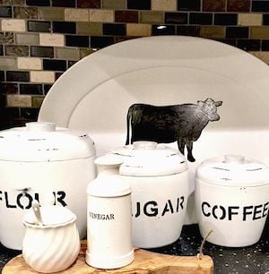 White Farmhouse Thrift Store Kitchen Canisters with stenciled letters