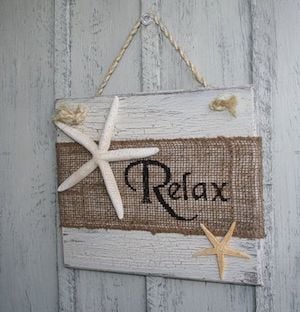 Relax burlap wood Sign with shells 