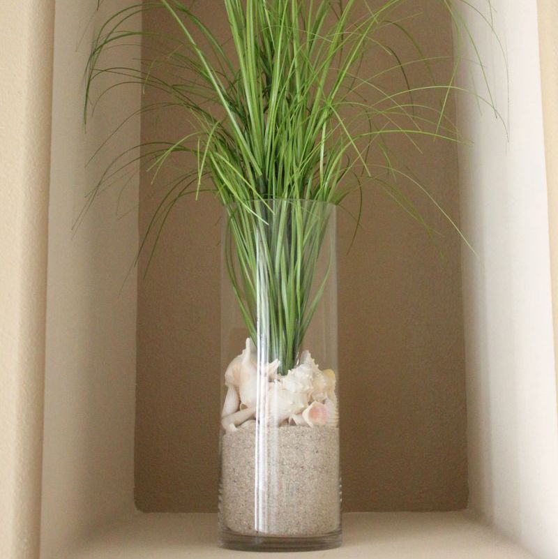 Coastal Tall Glass Vase  with sand shells and sea grass