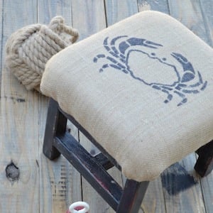 Burlap Footstool with burlap fabric and stamped coastal design