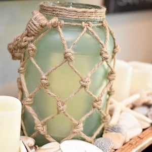 Sea Glass Rope Netting mason jar Lantern coastal decorating idea