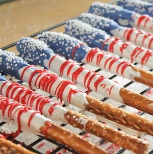 Patriotic Caramel Pretzel Bites - Two Sisters