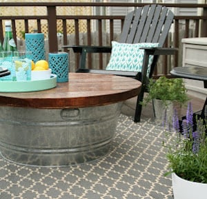 Outdoor Coffee Table made from large galvanized metal tub