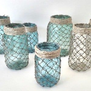 Decorative Fisherman Netting Wrapped Jars coastal decorating idea