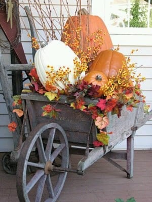 Wheelbarrow filled with pumpkins, berries and fall leaves