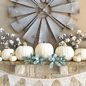 White Pumpkin and Cotton Stem Fall Farmhouse Mantel