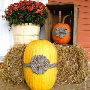 Pumpkins with Bows on hay bale