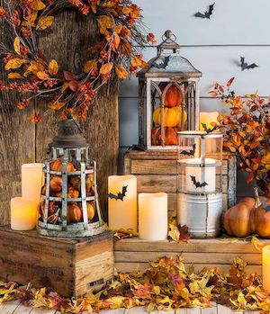 Candle Fall Porch Display with lanterns and candles on crates