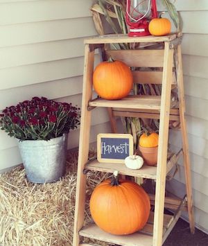 Wood Ladder steps filled with Fall Decor for the porch