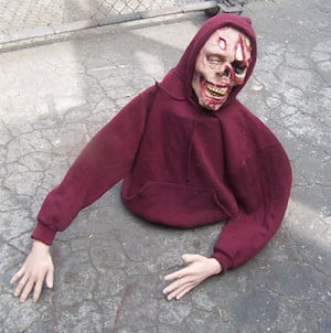 Outdoor Halloween Decoration Zombie prop made with Buckets