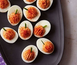 Roasted Red Pepper pumpkin Deviled Eggs halloween party food