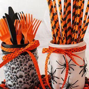 Spooky Halloween Mason Jars holding utensils 