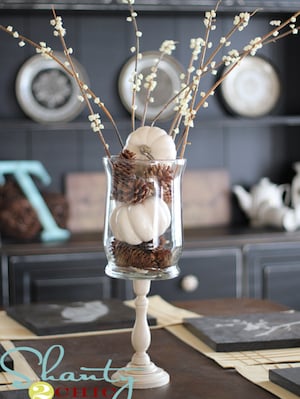 easy White Pumpkins and Pine Cones in a vase