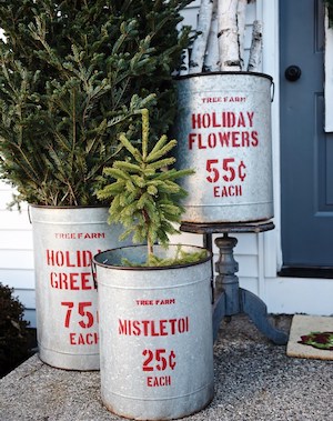 Rustic Christmas galvanized planters with mini christmas trees