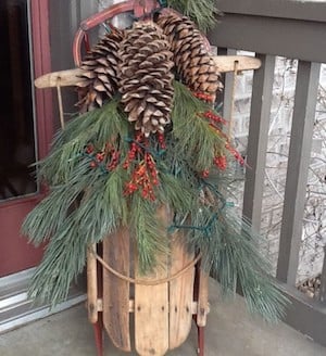 trineo de tage con decoraciones de cono de pino y hoja perenne