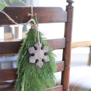 Farmhouse Chair greenery swag with wooden ornament