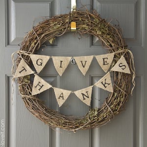 Give Thanks Thanksgiving Wreath with burlap bunting 