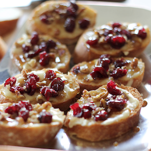 Cranberry Pecan Brie Crostinis with Maple Sugar Glaze