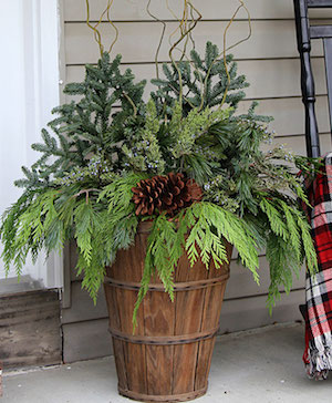 DIY Farmhouse Porch Planter with evergreens