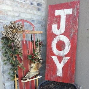 Joy Wood Sign and Sleigh Vintage Christmas porch Decor