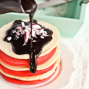 Christmas Pancakes with Candy Cane Chocolate Syrup