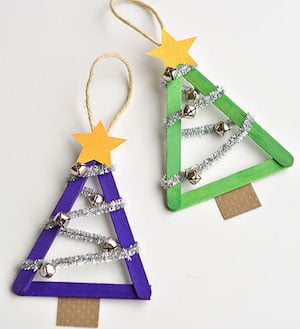 popsicle stick Christmas trees with pipe cleaner garland