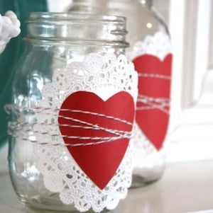 Doily & Heart Mason Jars Valentine's Day decor idea