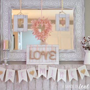 farmhouse style Valentine's Day Pink, White & Gold Mantel