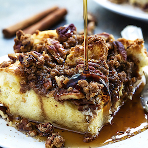 Cinnamon Pecan French Toast Casserole with Maple Syrup